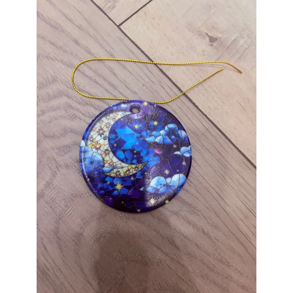 Celestial Crescent Moon Mosaic Ceramic Ornament Night Sky Stars Blue Purple Gold